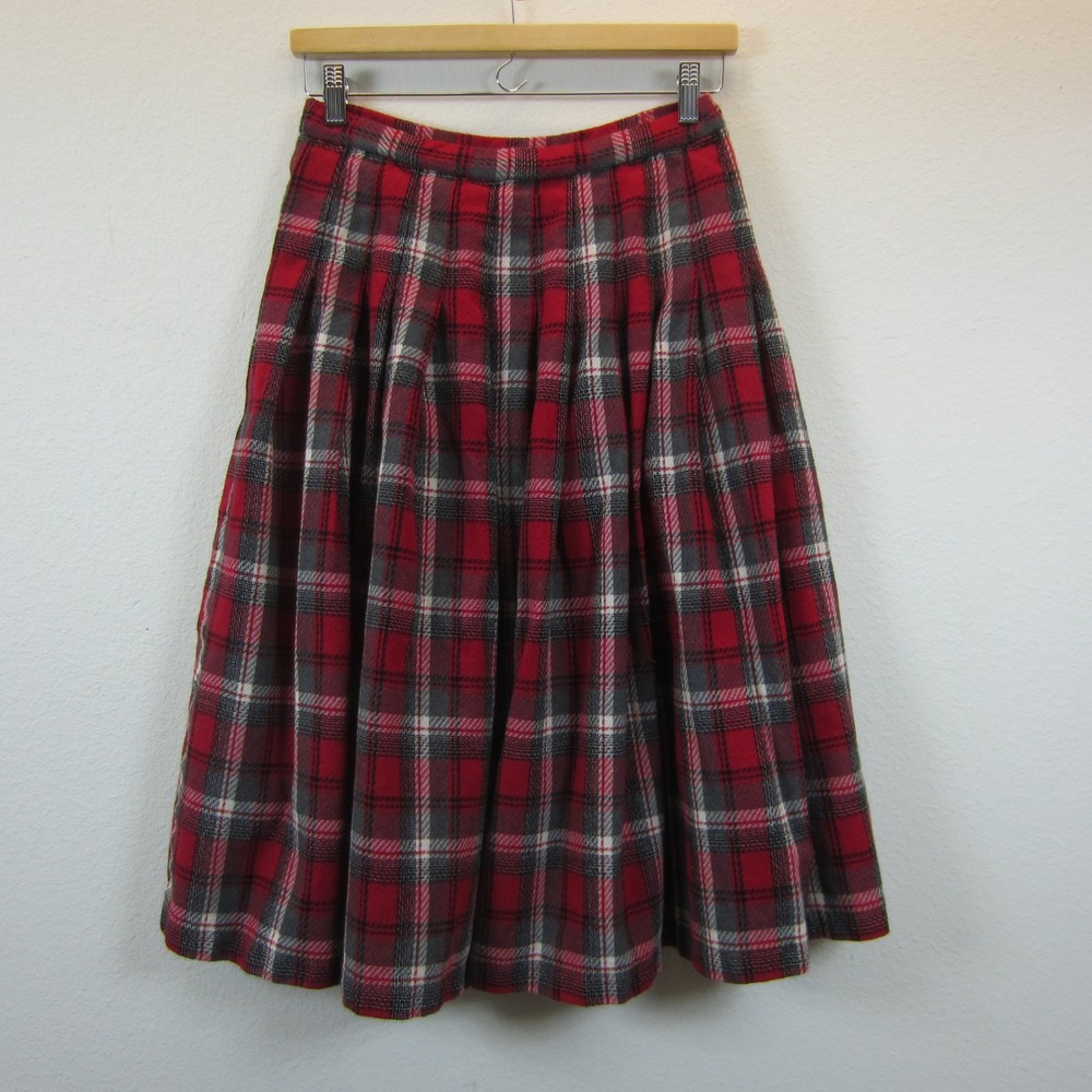 VTG Pendleton Pleated shirt womens Petite 12 Red Tartan Plaid Wool A-Line Retro